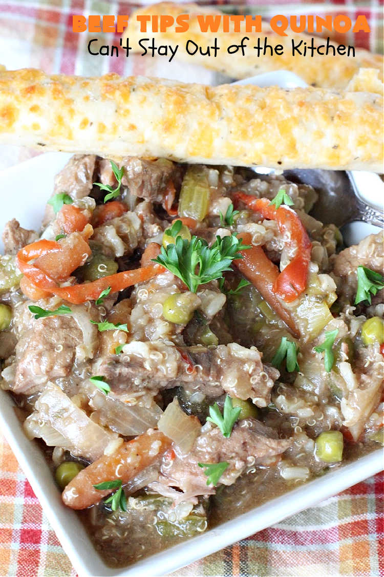 Beef Tips with Quinoa | Can't Stay Out of the Kitchen | sumptuous #beef entree that's made in the #crockpot! Made with #quinoa, #RoundSteak and lots of veggies. We loved this recipe. #healthy #GlutenFree #BeefTips #BeefTipsWithQuinoa #SlowCooker