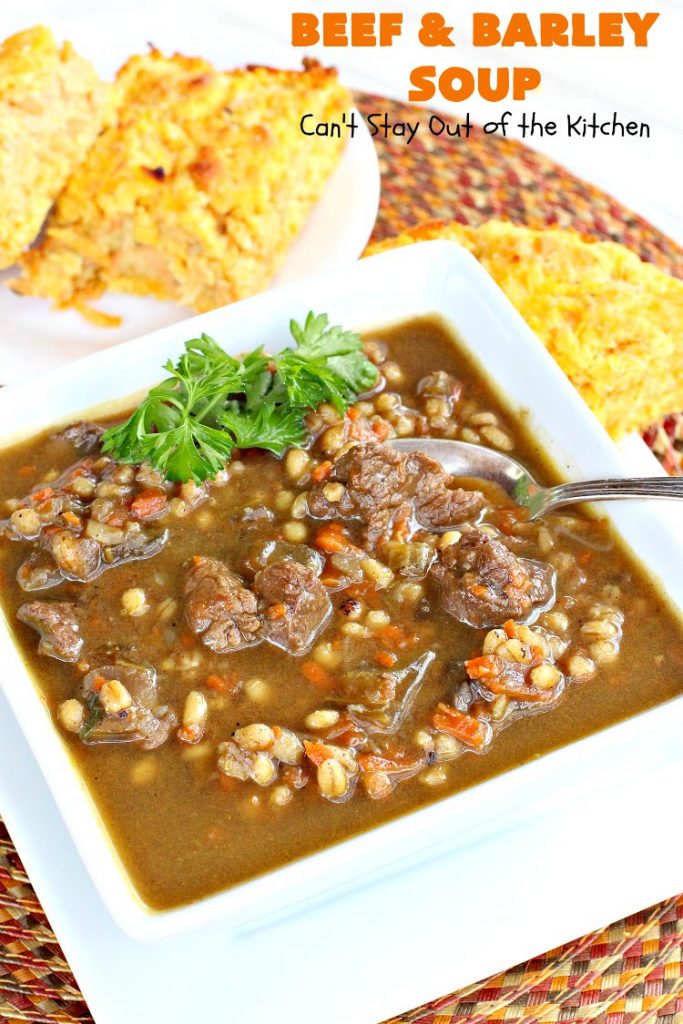Beef and Barley Soup | Can't Stay Out of the Kitchen | my husband couldn't stop eating this fantastic #beef #soup! It was a winner in our house! #barley