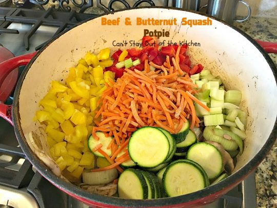 Beef and Butternut Squash Potpie | Can't Stay Out of the Kitchen | these #potpies are amazing. #Steak, apples & #butternutsquash are added to lots of veggies and seasoned with just a hint of cinnamon, nutmegs & cloves. Our company loved these #beef potpies. 