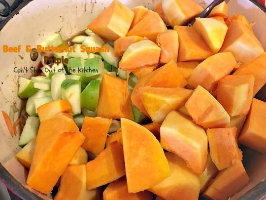 Beef and Butternut Squash Potpie | Can't Stay Out of the Kitchen | these #potpies are amazing. #Steak, apples & #butternutsquash are added to lots of veggies and seasoned with just a hint of cinnamon, nutmegs & cloves. Our company loved these #beef potpies. 
