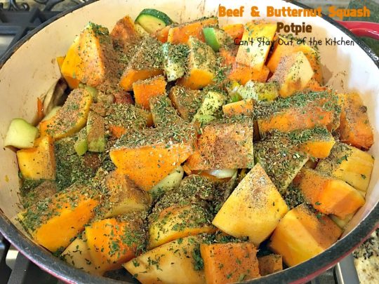 Beef and Butternut Squash Potpie | Can't Stay Out of the Kitchen | these #potpies are amazing. #Steak, apples & #butternutsquash are added to lots of veggies and seasoned with just a hint of cinnamon, nutmegs & cloves. Our company loved these #beef potpies. 