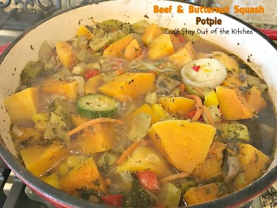 Beef and Butternut Squash Potpie | Can't Stay Out of the Kitchen | these #potpies are amazing. #Steak, apples & #butternutsquash are added to lots of veggies and seasoned with just a hint of cinnamon, nutmegs & cloves. Our company loved these #beef potpies. 
