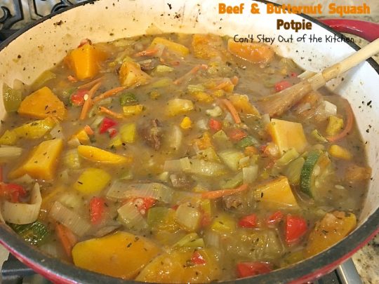 Beef and Butternut Squash Potpie | Can't Stay Out of the Kitchen | these #potpies are amazing. #Steak, apples & #butternutsquash are added to lots of veggies and seasoned with just a hint of cinnamon, nutmegs & cloves. Our company loved these #beef potpies. 