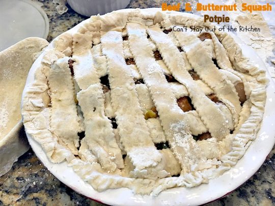 Beef and Butternut Squash Potpie | Can't Stay Out of the Kitchen | these #potpies are amazing. #Steak, apples & #butternutsquash are added to lots of veggies and seasoned with just a hint of cinnamon, nutmegs & cloves. Our company loved these #beef potpies. 
