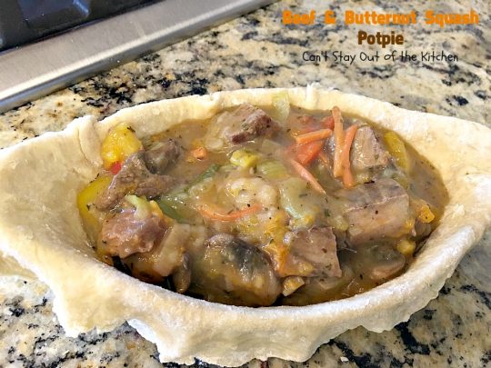 Beef and Butternut Squash Potpie | Can't Stay Out of the Kitchen | these #potpies are amazing. #Steak, apples & #butternutsquash are added to lots of veggies and seasoned with just a hint of cinnamon, nutmegs & cloves. Our company loved these #beef potpies. 