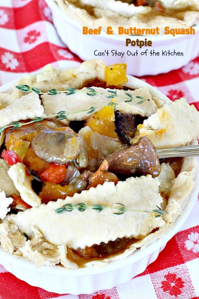 Beef and Butternut Squash Potpie | Can't Stay Out of the Kitchen | these #potpies are amazing. #Steak, apples & #butternutsquash are added to lots of veggies and seasoned with just a hint of cinnamon, nutmegs & cloves. Our company loved these #beef potpies. 