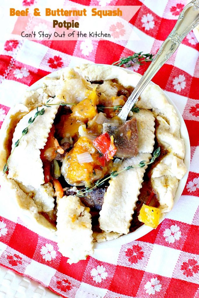 Beef and Butternut Squash Potpie | Can't Stay Out of the Kitchen | these #potpies are amazing. #Steak, apples & #butternutsquash are added to lots of veggies and seasoned with just a hint of cinnamon, nutmegs & cloves. Our company loved these #beef potpies. 