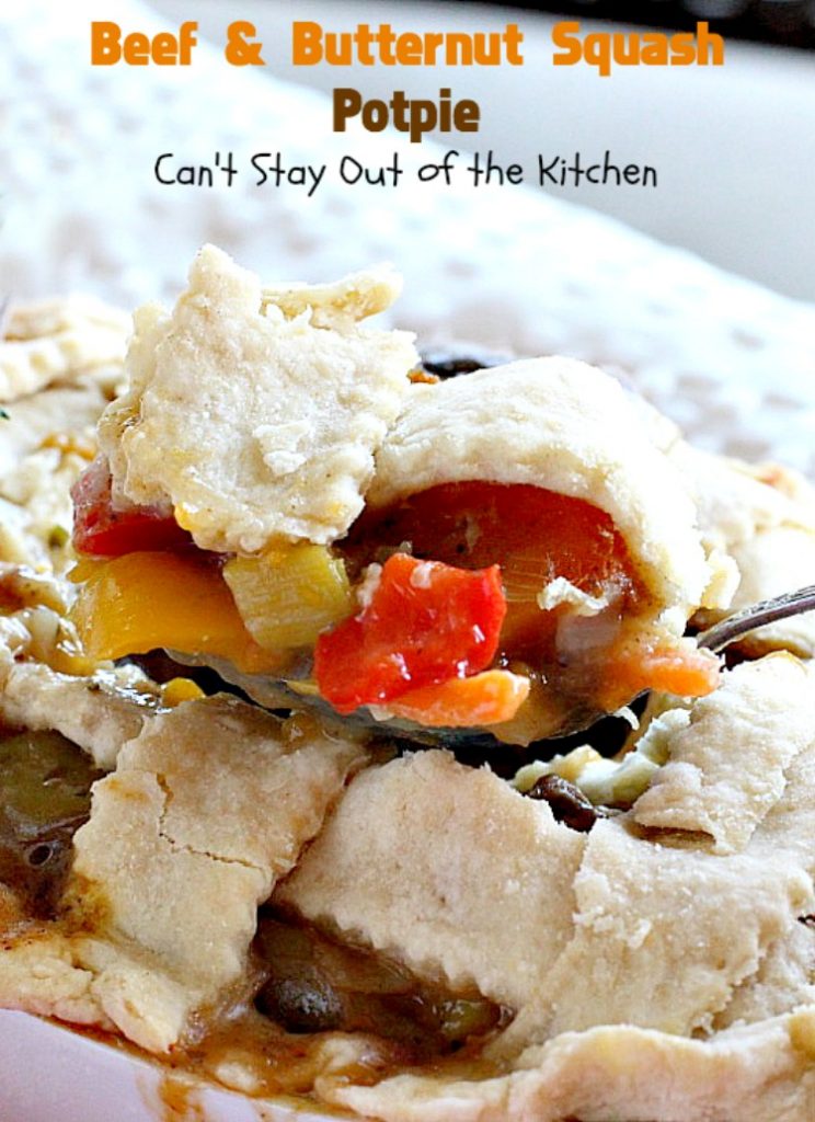 Beef and Butternut Squash Potpie | Can't Stay Out of the Kitchen | these #potpies are amazing. #Steak, apples & #butternutsquash are added to lots of veggies and seasoned with just a hint of cinnamon, nutmegs & cloves. Our company loved these #beef potpies. 