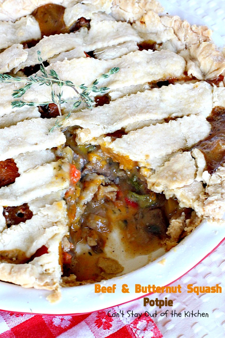 Beef and Butternut Squash Potpie | Can't Stay Out of the Kitchen | these #potpies are amazing. #Steak, apples & #butternutsquash are added to lots of veggies and seasoned with just a hint of cinnamon, nutmegs & cloves. Our company loved these #beef potpies.
