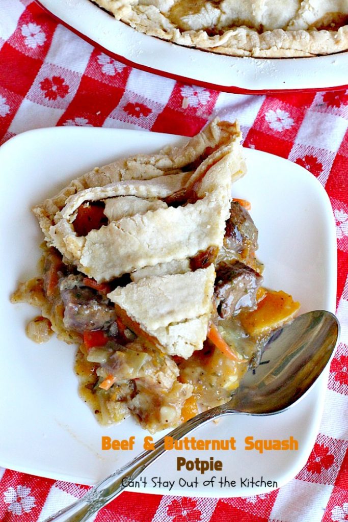 Beef and Butternut Squash Potpie | Can't Stay Out of the Kitchen | these #potpies are amazing. #Steak, apples & #butternutsquash are added to lots of veggies and seasoned with just a hint of cinnamon, nutmegs & cloves. Our company loved these #beef potpies. 