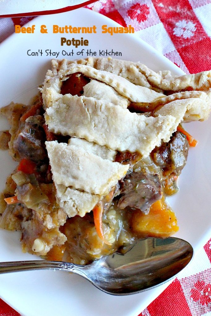 Beef and Butternut Squash Potpie | Can't Stay Out of the Kitchen | these #potpies are amazing. #Steak, apples & #butternutsquash are added to lots of veggies and seasoned with just a hint of cinnamon, nutmegs & cloves. Our company loved these #beef potpies. 