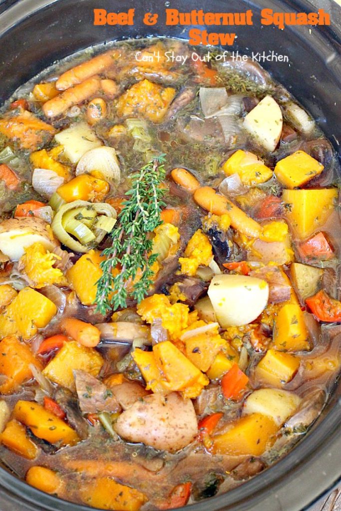 Beef and Butternut Squash Stew | Can't Stay Out of the Kitchen | amazing comfort food. #beef & #butternutsquash work so well together. We loved this #stew. Made in the #crockpot. #glutenfree #soup