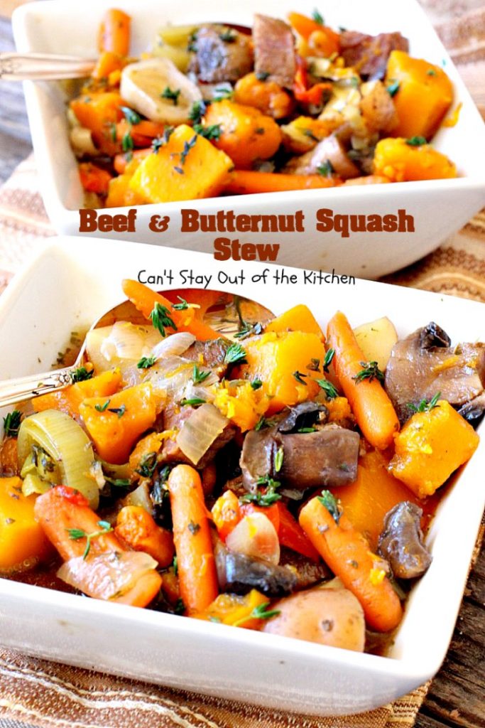 Beef and Butternut Squash Stew | Can't Stay Out of the Kitchen | amazing comfort food. #beef & #butternutsquash work so well together. We loved this #stew. Made in the #crockpot. #glutenfree #soup