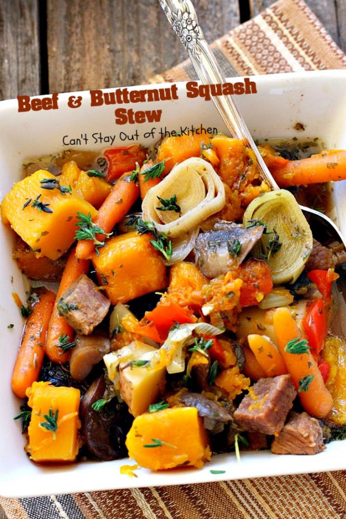 Beef and Butternut Squash Stew | Can't Stay Out of the Kitchen | amazing comfort food. #beef & #butternutsquash work so well together. We loved this #stew. Made in the #crockpot. #glutenfree #soup