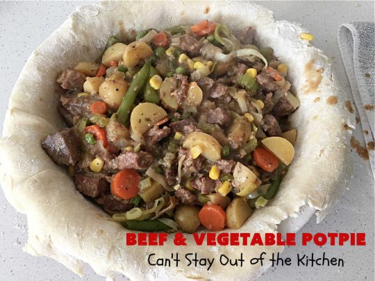 Beef & Vegetable Potpie | Can't Stay Out of the Kitchen | scrumptious #Potpie #recipe with #StewBeef seasoned with #MontrealSteakSeasoning, #potatoes, #carrots, #peas, #GreenBeans & corn in a delicious, flaky #HomemadePieCrust. Every bite is mouthwatering, irresistible comfort food! #beef #BeefAndVegetablePotPie