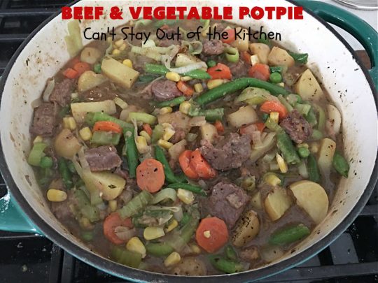 Beef & Vegetable Potpie | Can't Stay Out of the Kitchen | scrumptious #Potpie #recipe with #StewBeef seasoned with #MontrealSteakSeasoning, #potatoes, #carrots, #peas, #GreenBeans & corn in a delicious, flaky #HomemadePieCrust. Every bite is mouthwatering, irresistible comfort food! #beef #BeefAndVegetablePotPie
