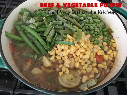Beef & Vegetable Potpie | Can't Stay Out of the Kitchen | scrumptious #Potpie #recipe with #StewBeef seasoned with #MontrealSteakSeasoning, #potatoes, #carrots, #peas, #GreenBeans & corn in a delicious, flaky #HomemadePieCrust. Every bite is mouthwatering, irresistible comfort food! #beef #BeefAndVegetablePotPie