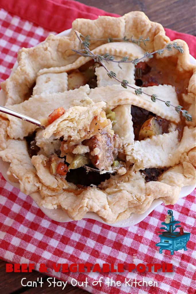 Beef & Vegetable Potpie | Can't Stay Out of the Kitchen | scrumptious #Potpie #recipe with #StewBeef seasoned with #MontrealSteakSeasoning, #potatoes, #carrots, #peas, #GreenBeans & corn in a delicious, flaky #HomemadePieCrust. Every bite is mouthwatering, irresistible comfort food! #beef #BeefAndVegetablePotPie