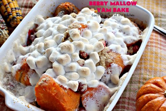 Berry Mallow Yam Bake | Can't Stay Out of the Kitchen | this is my husband's favorite #sweetpotato #casserole hands down! He eats this like a #dessert! It uses #cranberries, an oatmeal streusel topping, & #marshmallows on top. It's terrific for any #holiday or company dinner, but especially great for #Thanksgiving and #Christmas. #glutenfree