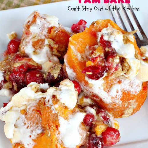 Berry Mallow Yam Bake | Can't Stay Out of the Kitchen | this is my husband's favorite #sweetpotato #casserole hands down! He eats this like a #dessert! It uses #cranberries, an oatmeal streusel topping, & #marshmallows on top. It's terrific for any #holiday or company dinner, but especially great for #Thanksgiving and #Christmas. #glutenfree