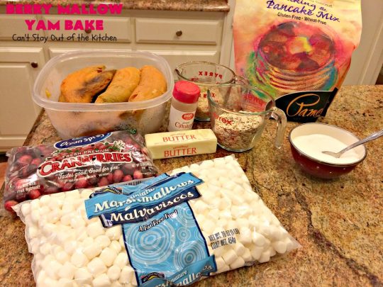 Berry Mallow Yam Bake | Can't Stay Out of the Kitchen | this is my husband's favorite #sweetpotato #casserole hands down! He eats this like a #dessert! It uses #cranberries, an oatmeal streusel topping, & #marshmallows on top. It's terrific for any #holiday or company dinner, but especially great for #Thanksgiving and #Christmas. #glutenfree