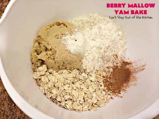Berry Mallow Yam Bake | Can't Stay Out of the Kitchen | this is my husband's favorite #sweetpotato #casserole hands down! He eats this like a #dessert! It uses #cranberries, an oatmeal streusel topping, & #marshmallows on top. It's terrific for any #holiday or company dinner, but especially great for #Thanksgiving and #Christmas. #glutenfree