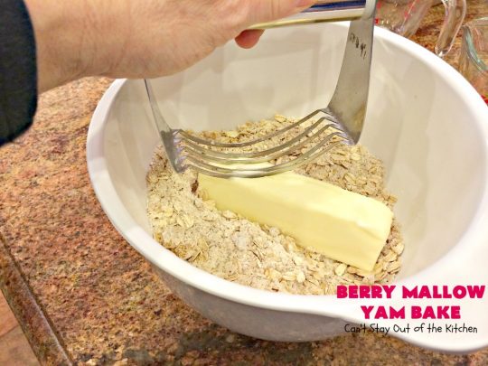 Berry Mallow Yam Bake | Can't Stay Out of the Kitchen | this is my husband's favorite #sweetpotato #casserole hands down! He eats this like a #dessert! It uses #cranberries, an oatmeal streusel topping, & #marshmallows on top. It's terrific for any #holiday or company dinner, but especially great for #Thanksgiving and #Christmas. #glutenfree