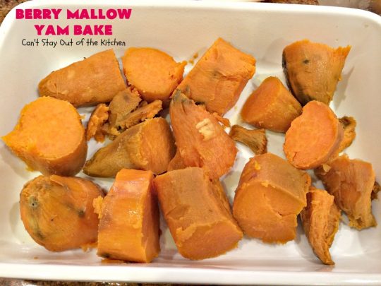 Berry Mallow Yam Bake | Can't Stay Out of the Kitchen | this is my husband's favorite #sweetpotato #casserole hands down! He eats this like a #dessert! It uses #cranberries, an oatmeal streusel topping, & #marshmallows on top. It's terrific for any #holiday or company dinner, but especially great for #Thanksgiving and #Christmas. #glutenfree