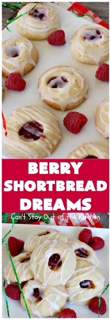 Berry Shortbread Dreams | Can't Stay Out of the Kitchen | these dreamy #cookies are filled with #raspberry preserves and have an #almond shortbread base as well as almond icing. They are terrific for #holiday parties. #dessert