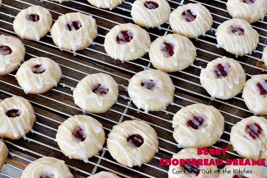 Berry Shortbread Dreams | Can't Stay Out of the Kitchen | these dreamy #cookies are filled with #raspberry preserves and have an #almond shortbread base as well as almond icing. They are terrific for #holiday parties. #dessert
