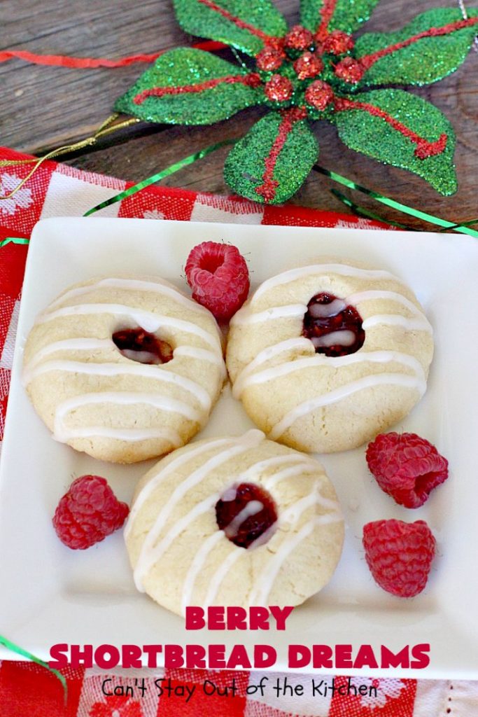 Berry Shortbread Dreams | Can't Stay Out of the Kitchen | these dreamy #cookies are filled with #raspberry preserves and have an #almond shortbread base as well as almond icing. They are terrific for #holiday parties. #dessert