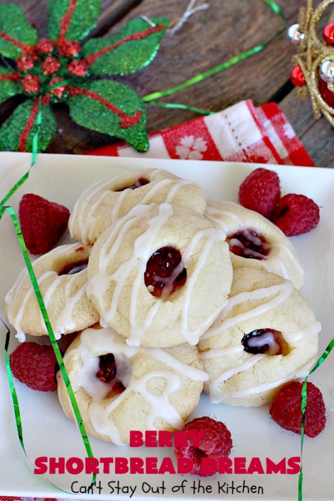 Berry Shortbread Dreams | Can't Stay Out of the Kitchen | these dreamy #cookies are filled with #raspberry preserves and have an #almond shortbread base as well as almond icing. They are terrific for #holiday parties. #dessert