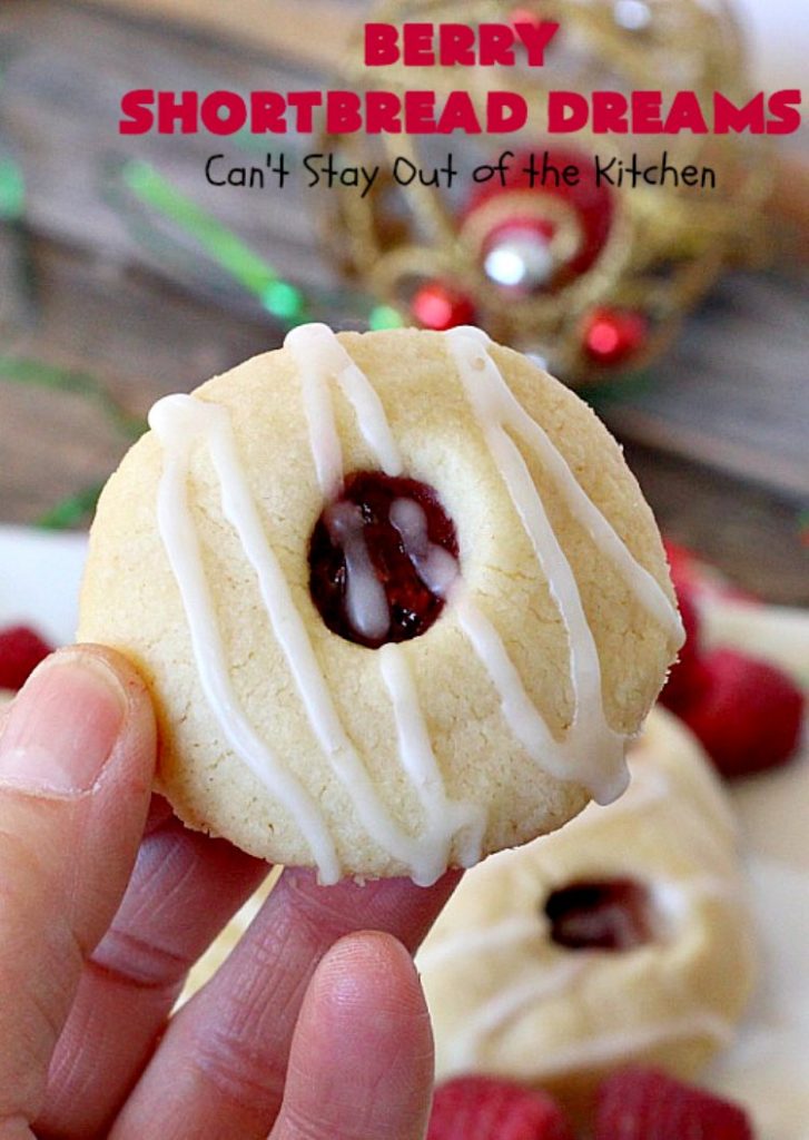 Berry Shortbread Dreams | Can't Stay Out of the Kitchen | these dreamy #cookies are filled with #raspberry preserves and have an #almond shortbread base as well as almond icing. They are terrific for #holiday parties. #dessert