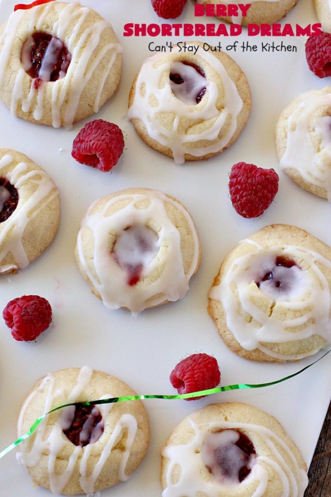 Berry Shortbread Dreams | Can't Stay Out of the Kitchen | these dreamy #cookies are filled with #raspberry preserves and have an #almond shortbread base as well as almond icing. They are terrific for #holiday parties. #dessert