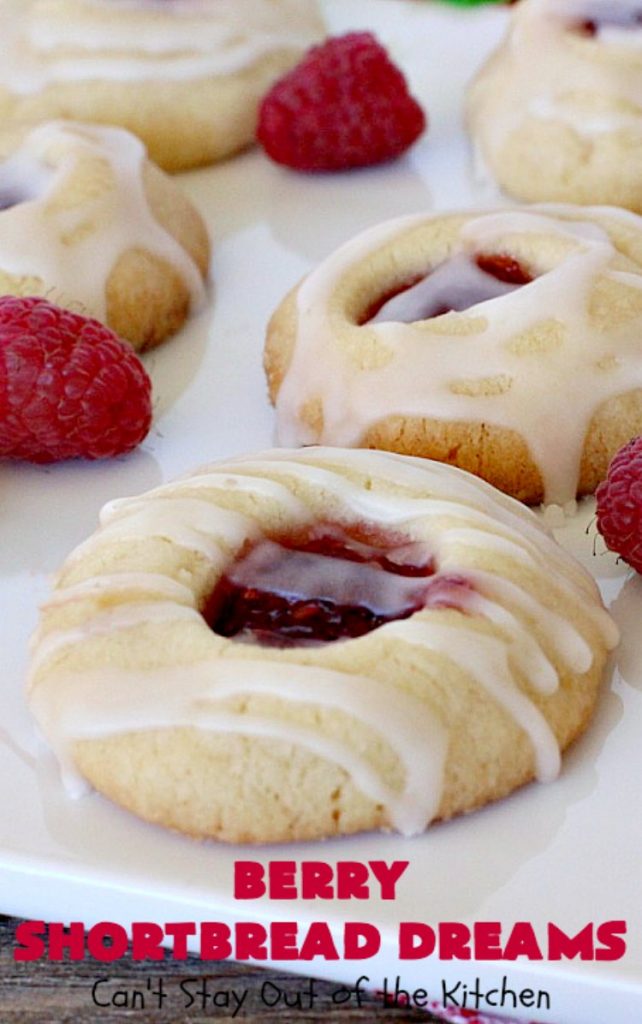 Berry Shortbread Dreams | Can't Stay Out of the Kitchen | these dreamy #cookies are filled with #raspberry preserves and have an #almond shortbread base as well as almond icing. They are terrific for #holiday parties. #dessert