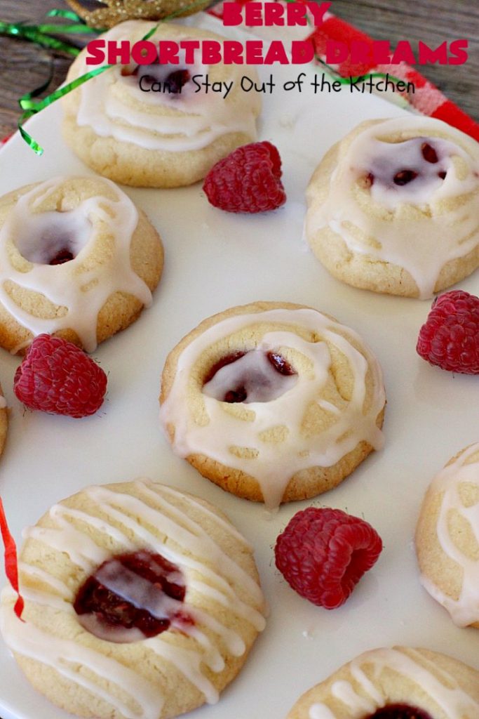 Berry Shortbread Dreams | Can't Stay Out of the Kitchen | these dreamy #cookies are filled with #raspberry preserves and have an #almond shortbread base as well as almond icing. They are terrific for #holiday parties. #dessert