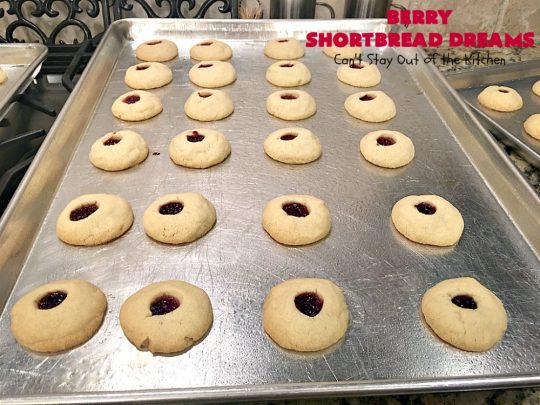 Berry Shortbread Dreams | Can't Stay Out of the Kitchen | these dreamy #cookies are filled with #raspberry preserves and have an #almond shortbread base as well as almond icing. They are terrific for #holiday parties. #dessert