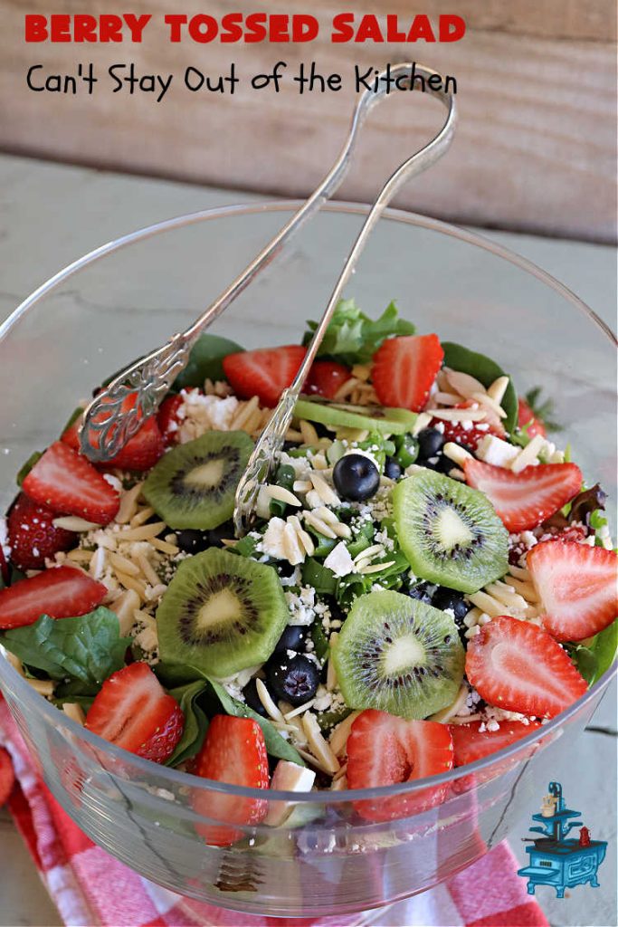 Berry Tossed Salad | Can't Stay Out of the Kitchen | this lovely #TossedSalad with #fruit includes #strawberries, #blueberries, #kiwi, #FetaCheese & slivered #almonds. The #SaladDressing includes #RaspberryJam & it sets the #salad off perfectly. If you enjoy fruity salads, this one is spectacular & is calling your name! Great company or #holiday salad too. #BerryTossedSalad #GlutenFree
