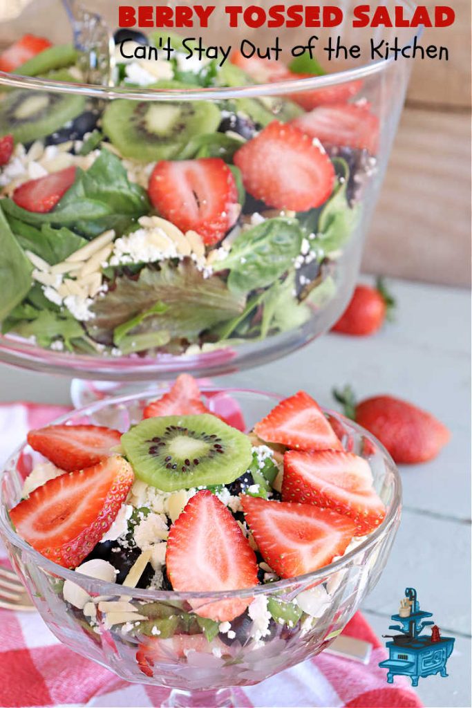 Berry Tossed Salad | Can't Stay Out of the Kitchen | this lovely #TossedSalad with #fruit includes #strawberries, #blueberries, #kiwi, #FetaCheese & slivered #almonds. The #SaladDressing includes #RaspberryJam & it sets the #salad off perfectly. If you enjoy fruity salads, this one is spectacular & is calling your name! Great company or #holiday salad too. #BerryTossedSalad #GlutenFree