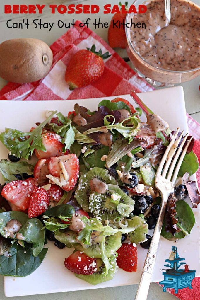 Berry Tossed Salad | Can't Stay Out of the Kitchen | this lovely #TossedSalad with #fruit includes #strawberries, #blueberries, #kiwi, #FetaCheese & slivered #almonds. The #SaladDressing includes #RaspberryJam & it sets the #salad off perfectly. If you enjoy fruity salads, this one is spectacular & is calling your name! Great company or #holiday salad too. #BerryTossedSalad #GlutenFree