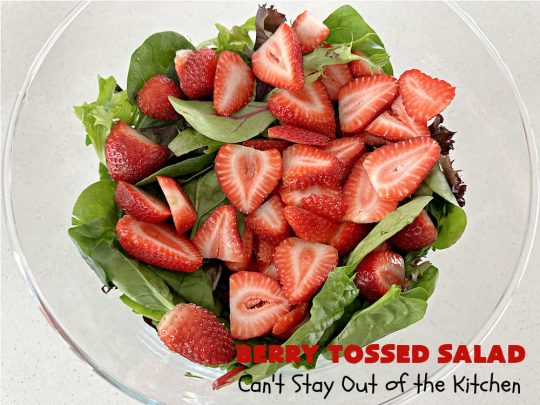 Berry Tossed Salad | Can't Stay Out of the Kitchen | this lovely #TossedSalad with #fruit includes #strawberries, #blueberries, #kiwi, #FetaCheese & slivered #almonds. The #SaladDressing includes #RaspberryJam & it sets the #salad off perfectly. If you enjoy fruity salads, this one is spectacular & is calling your name! Great company or #holiday salad too. #BerryTossedSalad #GlutenFree