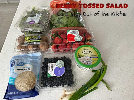 Berry Tossed Salad | Can't Stay Out of the Kitchen | this lovely #TossedSalad with #fruit includes #strawberries, #blueberries, #kiwi, #FetaCheese & slivered #almonds. The #SaladDressing includes #RaspberryJam & it sets the #salad off perfectly. If you enjoy fruity salads, this one is spectacular & is calling your name! Great company or #holiday salad too. #BerryTossedSalad #GlutenFree