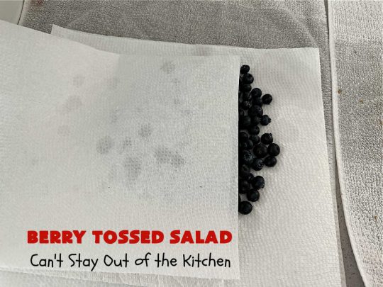 Berry Tossed Salad | Can't Stay Out of the Kitchen | this lovely #TossedSalad with #fruit includes #strawberries, #blueberries, #kiwi, #FetaCheese & slivered #almonds. The #SaladDressing includes #RaspberryJam & it sets the #salad off perfectly. If you enjoy fruity salads, this one is spectacular & is calling your name! Great company or #holiday salad too. #BerryTossedSalad #GlutenFree