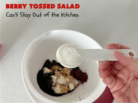Berry Tossed Salad | Can't Stay Out of the Kitchen | this lovely #TossedSalad with #fruit includes #strawberries, #blueberries, #kiwi, #FetaCheese & slivered #almonds. The #SaladDressing includes #RaspberryJam & it sets the #salad off perfectly. If you enjoy fruity salads, this one is spectacular & is calling your name! Great company or #holiday salad too. #BerryTossedSalad #GlutenFree