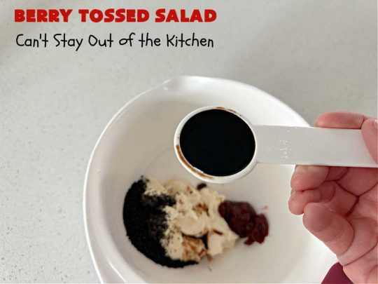 Berry Tossed Salad | Can't Stay Out of the Kitchen | this lovely #TossedSalad with #fruit includes #strawberries, #blueberries, #kiwi, #FetaCheese & slivered #almonds. The #SaladDressing includes #RaspberryJam & it sets the #salad off perfectly. If you enjoy fruity salads, this one is spectacular & is calling your name! Great company or #holiday salad too. #BerryTossedSalad #GlutenFree