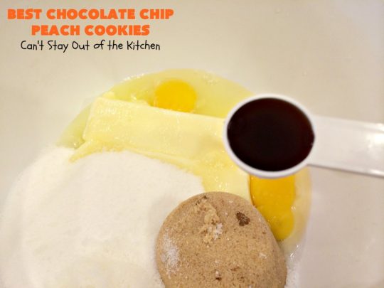 Best Chocolate Chip Peach Cookies | Can't Stay Out of the Kitchen | Who would believe that #peaches & #chocolate pair so well together? These #cookies were spectacular. Our company raved over them. #dessert #chocolatechips