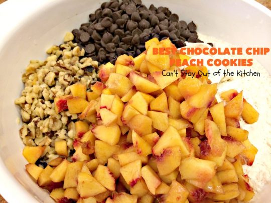 Best Chocolate Chip Peach Cookies | Can't Stay Out of the Kitchen | Who would believe that #peaches & #chocolate pair so well together? These #cookies were spectacular. Our company raved over them. #dessert #chocolatechips