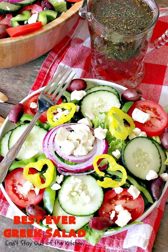 Best Ever Greek Salad | Can't Stay Out of the Kitchen | this fabulous #GreekSalad recipe is the best ever! The homemade #saladdressing makes this #salad absolutely terrific. It's perfect for company, #holidays like #MothersDay #FathersDay & birthdays. #glutenfree #fetacheese #olives