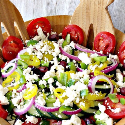 Best Ever Greek Salad | Can't Stay Out of the Kitchen | this fabulous #GreekSalad recipe is the best ever! The homemade #saladdressing makes this #salad absolutely terrific. It's perfect for company, #holidays like #MothersDay #FathersDay & birthdays. #glutenfree #fetacheese #olives