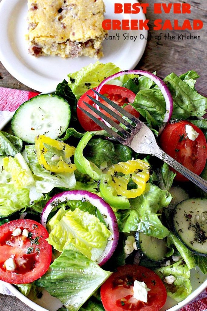 Best Ever Greek Salad | Can't Stay Out of the Kitchen | this fabulous #GreekSalad recipe is the best ever! The homemade #saladdressing makes this #salad absolutely terrific. It's perfect for company, #holidays like #MothersDay #FathersDay & birthdays. #glutenfree #fetacheese #olives